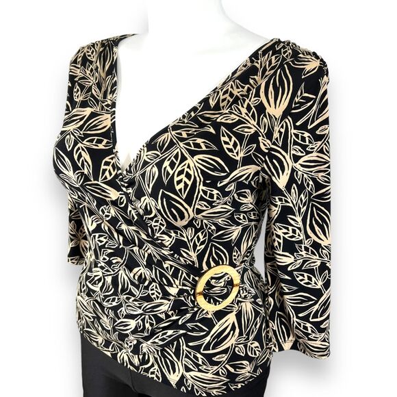 George Womens Blouse Top Faux Wrap V Neck Stretch Pullover Cream Black Large - Picture 4 of 12